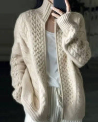 Winter-ready oatmeal wool cardigan coat with high stand collar and two-way zip—structured yet soft, perfect for cold-weather layering.