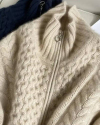 High-Collar Zip-Up Wool Cardigan Coat