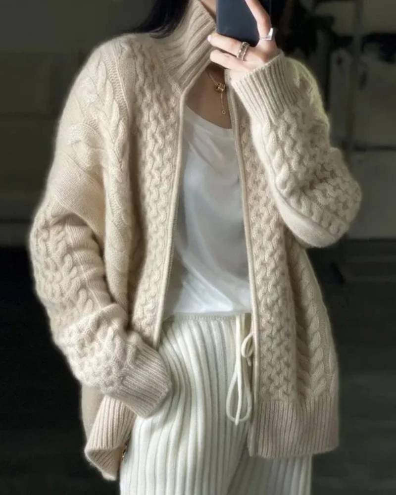High-Collar Zip-Up Wool Cardigan Coat