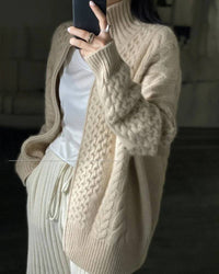 High-Collar Zip-Up Wool Cardigan Coat