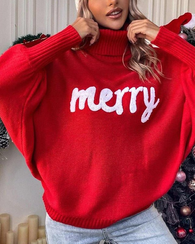 High-Neck Batwing Sleeve Christmas Knit Sweater