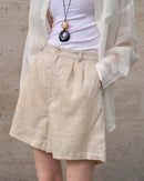 Women's linen high-waisted shorts – casual woven design, button fly closure, tatted weaving craft, perfect for summer casual outings and everyday warm-weather styling.