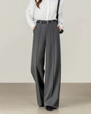 High-waisted comfortable straight-leg pants for women, crafted from polyester twill fabric with no stretch, designed with zipper fly closure, buttons, pockets and fake zippers for daily casual wear.