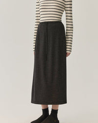Dark Grey High-Waisted Wool Skirt - Merino Wool Midi Skirt with Drawstring Elastic Waist for All-Day Comfort