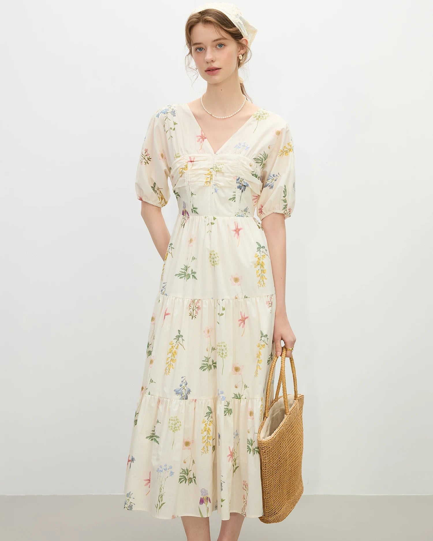 Holiday Style Flower Print V-neck Dress
