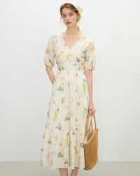 A breezy holiday-style dress with a feminine V-neck and an all-over vibrant flower print, perfect for summer vacations and garden parties.