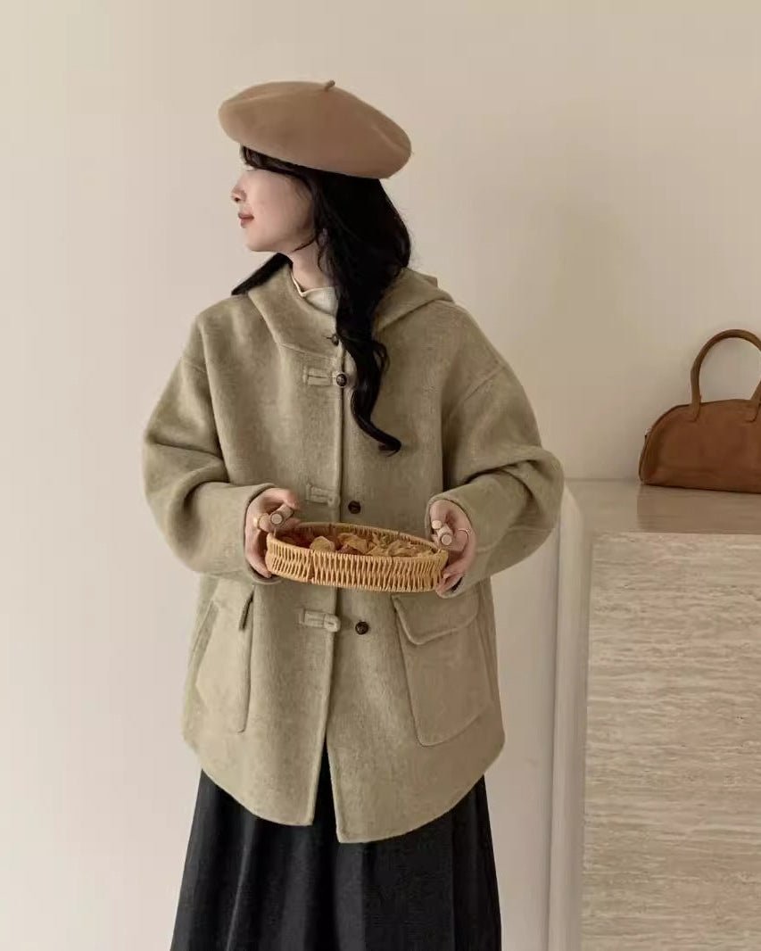 Hooded Reversible Mid-Length Wool Coat