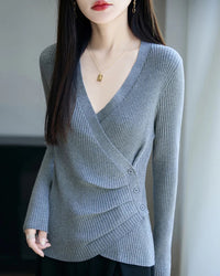 Women's irregular crossover V-neck wool pullover sweater in slim fit with high stretch fabric, perfect for elegant fall and winter layering.