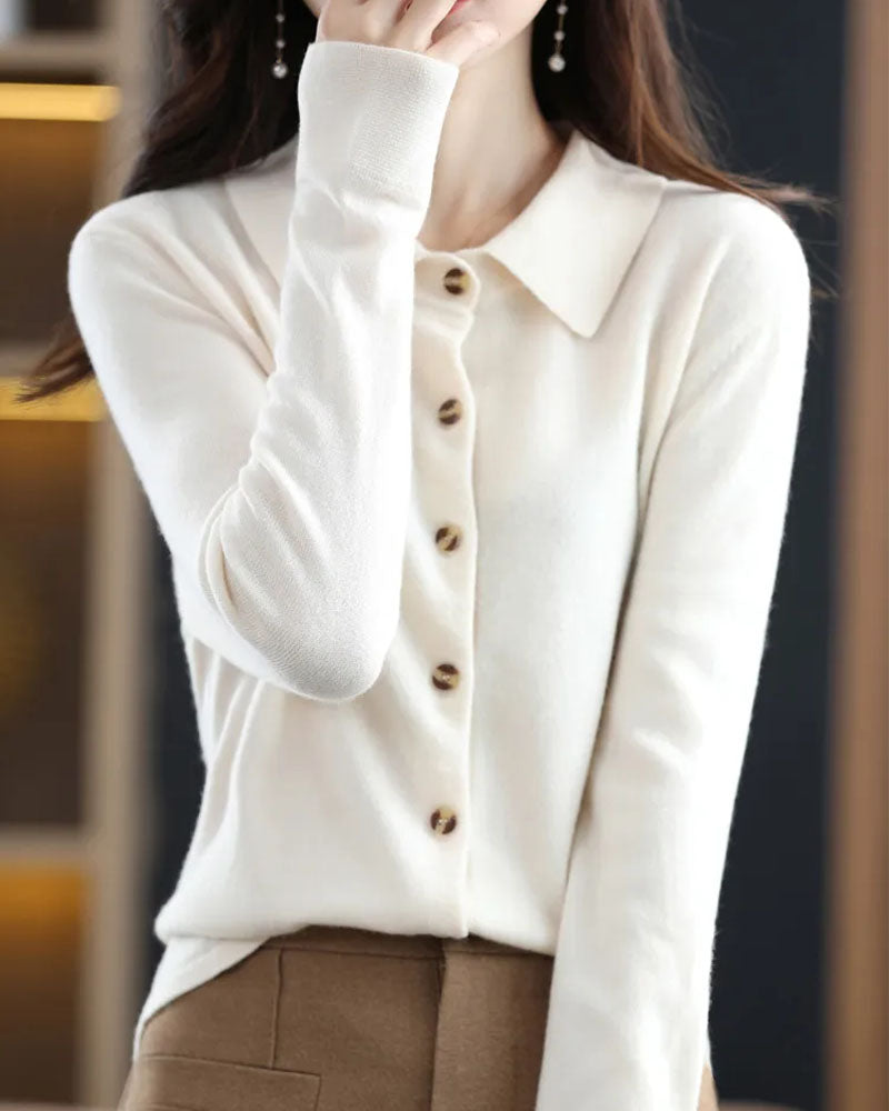 100% Merino Wool Polo-Collar Cardigan