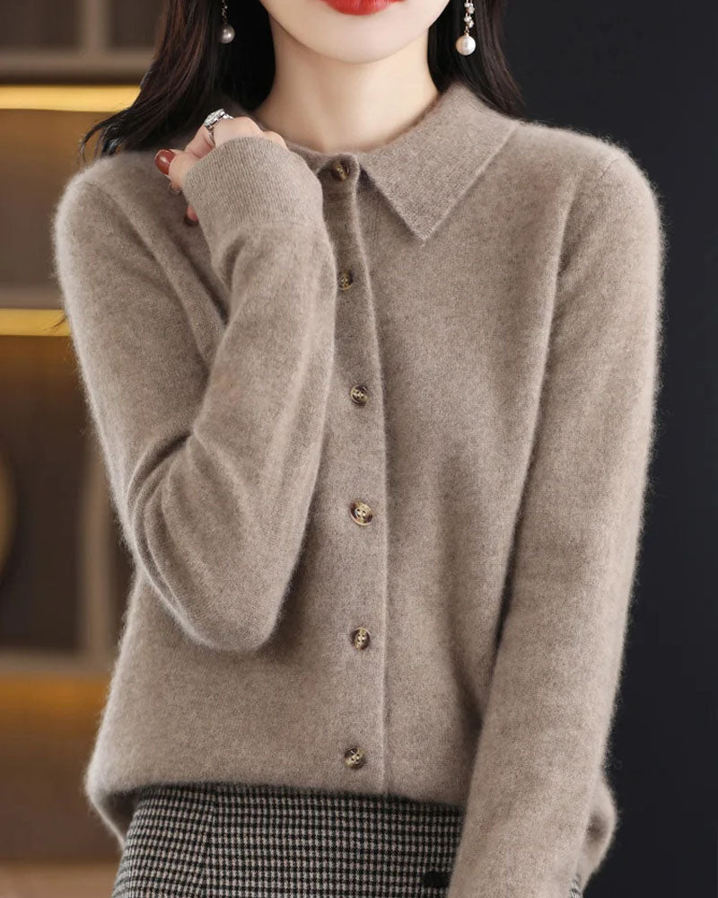 100% Merino Wool Polo-Collar Cardigan