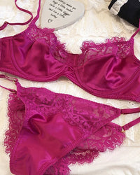  Women’s lace bra and brief set, crafted with breathable silk and polyester spandex, 3/4 cup design and non-convertible adjustable straps for daily wear.