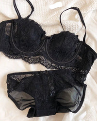 Women's French lace embroidery push-up bra and panties set, designed with 1/2 thin cup, detachable anti-slip straps, perfect for adding a touch of charm to everyday or special occasion looks.