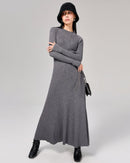 Women's gray lace-up maxi dress - wool-cotton blend fabric, semi-high neck and self-tie waist, perfect for office commutes or casual autumn/winter outings