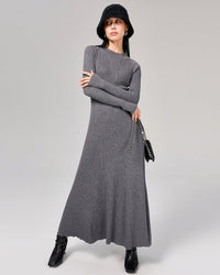 Women's gray lace-up maxi dress - wool-cotton blend fabric, semi-high neck and self-tie waist, perfect for office commutes or casual autumn/winter outings