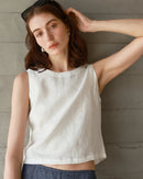 Retro women’s linen crop tank top, front and back two-wear o-neck button-up design, sleeveless chic streetwear perfect for summer casual daily outfits.