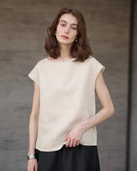 Summer women’s linen short sleeve o-neck loose vintage shirt, comfortable basic fashion top, perfect for office commutes and daily casual outings in warm days.