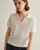 Women's linen silk knitted polo shirt sweater, elegant short sleeve pullover with soft breathable fabric, perfect lightweight summer top for refined casual and business casual occasions.