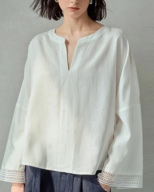 Linen V-Neck Long-Sleeved Openwork Loose Shirt