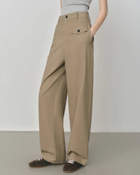 Women's  casual trousers – high-waisted straight-leg fit, cotton fabric, slight stretch, button fly closure, tatted weaving craft, perfect for everyday casual or office outfits.