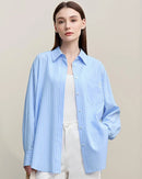 Women's loose fit striped embroidered casual shirt, turn-down collar design, non-stretch polyester material with tatting craft and delicate embroidery, comfortable casual blouse ideal for daily looks and light outdoor occasions.