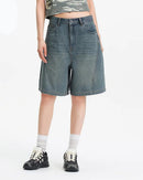 Women's gray slimming denim shorts – loose fit, hip-covering design, cotton-polyester-viscose blend, zipper fly closure for casual summer outings.