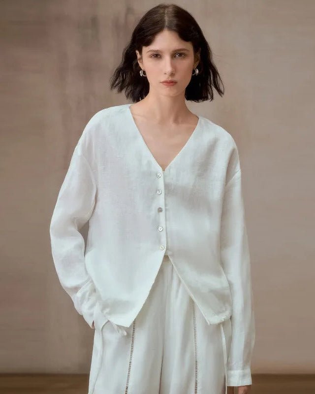 Loose V-Neck Button-Down Long-Sleeved Shirt