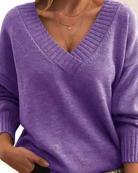 Close-up of ribbed v-neckline and chunky knit fabric, breathable pullover ideal for autumn-to-winter transitions .