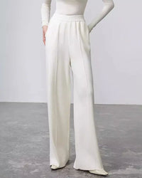 White women's wool cotton lounge pants - machine washable, elastic non-deforming waist & lay-flat pockets, soft brushed interior for casual comfort