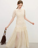 Women's light yellow ankle-length dress - mesh embroidery, hollow-out patchwork and O-neck, polyester knit for elegant evening events or cocktail parties.