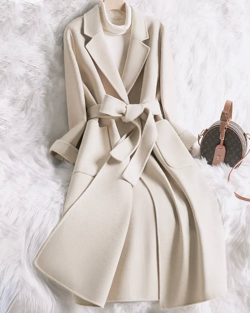 Mid-Length Belted Wool Blend Coat