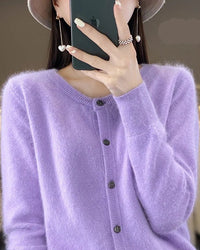 Women’s mink-cashmere O-neck cardigan with thick knit and relaxed long sleeves—luxury warmth for office layering, weekend cabin escapes or fireside lounging.
