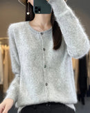 Women’s pure mink-cashmere O-neck cardigan with relaxed long sleeves and ribbed trims—cloud-soft layer for autumn cafés, office layering or weekend cabin escapes.