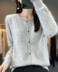 Women’s pure mink-cashmere O-neck cardigan with relaxed long sleeves and ribbed trims—cloud-soft layer for autumn cafés, office layering or weekend cabin escapes.