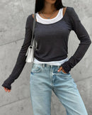 Women’s modal patchwork skinny long-sleeve tee with soft stretch and color-block panels—sleek summer layer for rooftop cocktails, weekend markets or air-conditioned offices.