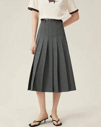 Women’s belted pleated maxi skirt - mid-calf length, regular fit, made of polyester-spandex twill fabric with slight stretch, tatting weaving craft, perfect for office wear, brunch dates and semi-formal events in spring, autumn and winter.