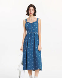 Women's blue denim maxi dress - new full-print refreshing design,  cotton fabric, A-line silhouette and camisole style, regular fit perfect for summer vacations, beach outings or casual daytime events.