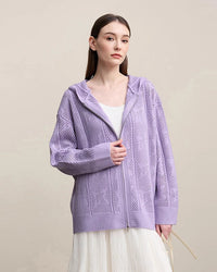 Cardigan for Women Spring Collection features hollow jacquard wool knit, casual hooded design with dual zippers and loose comfortable fit for everyday wear.