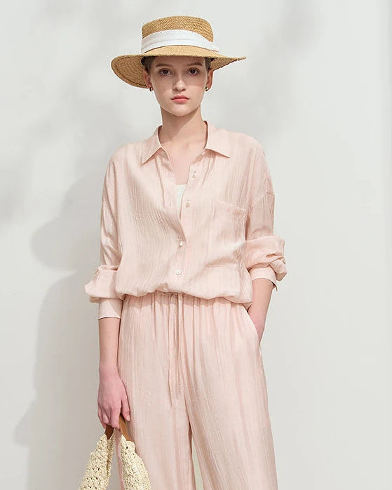 Sophisticated minimalism women's loose casual shirt featuring breathable fabric and relaxed silhouette, elegant long sleeve blouse perfect for spring summer office wear and minimalist everyday wardrobe essentials.