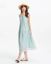 Women's blue striped slip dress - new resort-style design with lace details, cotton knit fabric, A-line silhouette and camisole style, regular fit perfect for beach vacations, resort getaways or summer evening events.