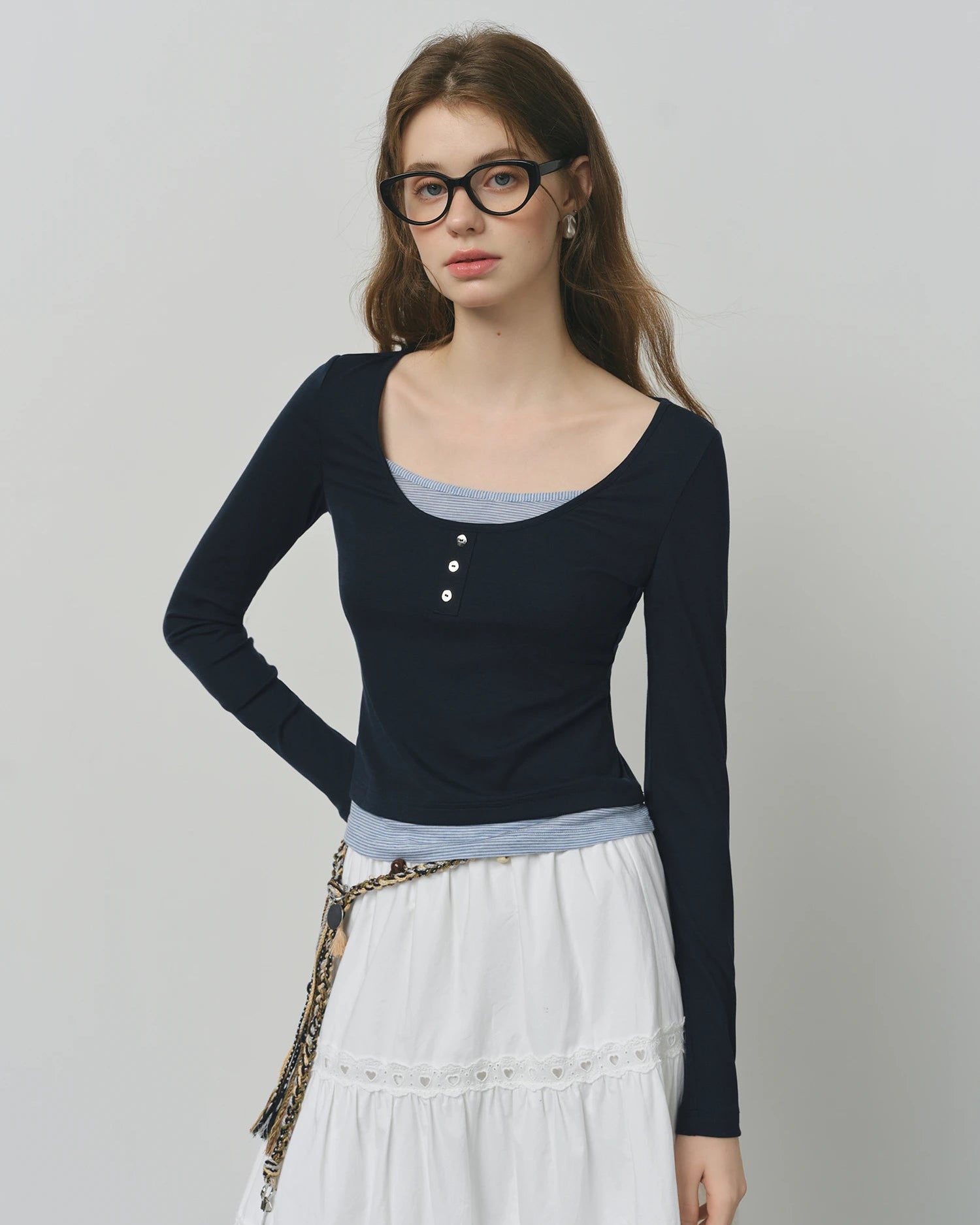 New U-Neck Long-Sleeved Imitation Two-Piece T-Shirt