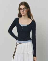 Women’s  two-piece long-sleeve t-shirt - U-neck design, medium stretch lyocell-spandex broadcloth knit fabric, true to size fit, perfect for transitional spring and autumn days, pairing with jeans, skirts, or cardigans for casual outings and office-friendly looks.