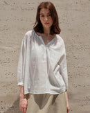 New V-neck drawstring loose lightweight shirt for women, made of ramie and lyocell with tatting craft, non-stretch pullover perfect for daily casual wear.