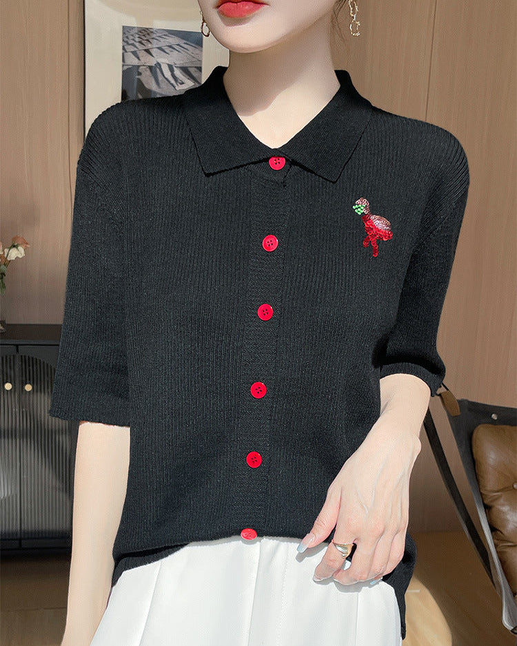 New Wool Polo Collar Short-Sleeved Cardigan