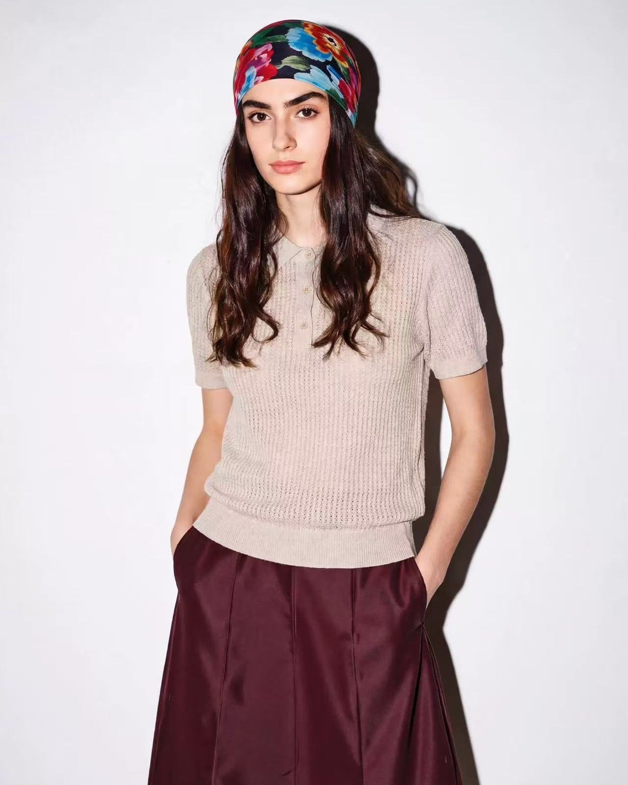Wool Openwork Polo Collar Short-Sleeved Sweater
