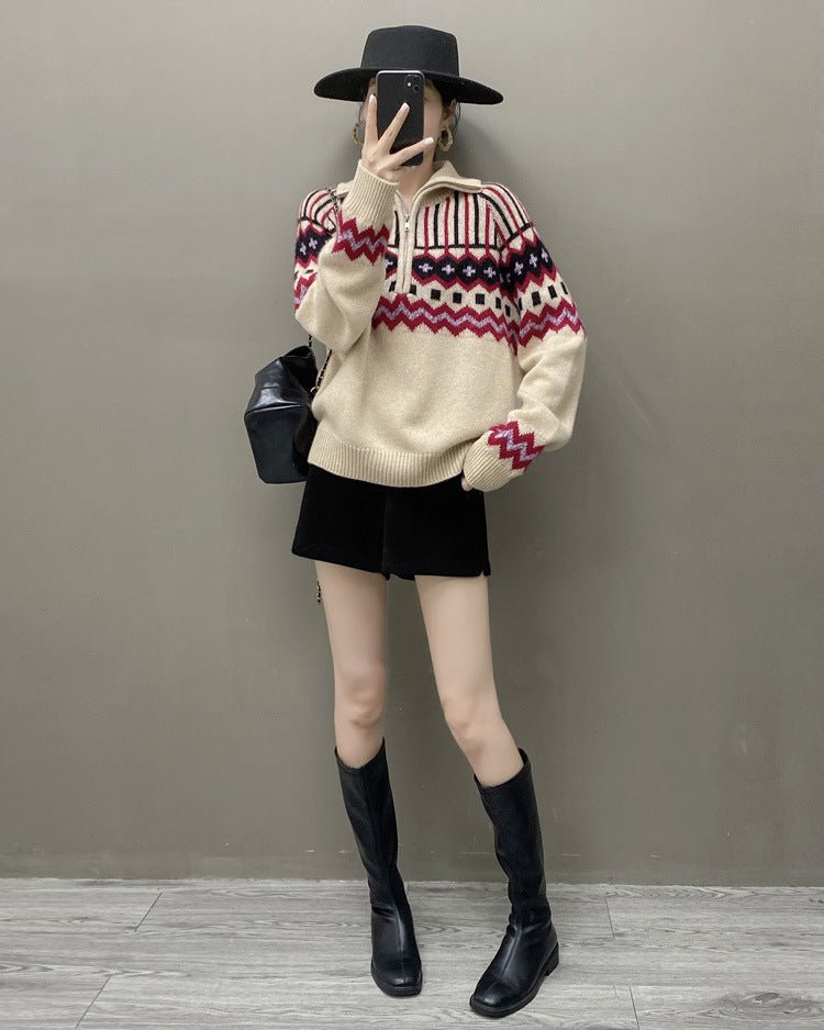 Cashmere Loose Half-Zip Casual Sweater