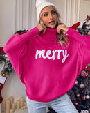 High-Neck Batwing Sleeve Christmas Knit Sweater