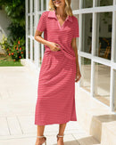 Collared Short-Sleeved Slit Skirt Two-Piece Set