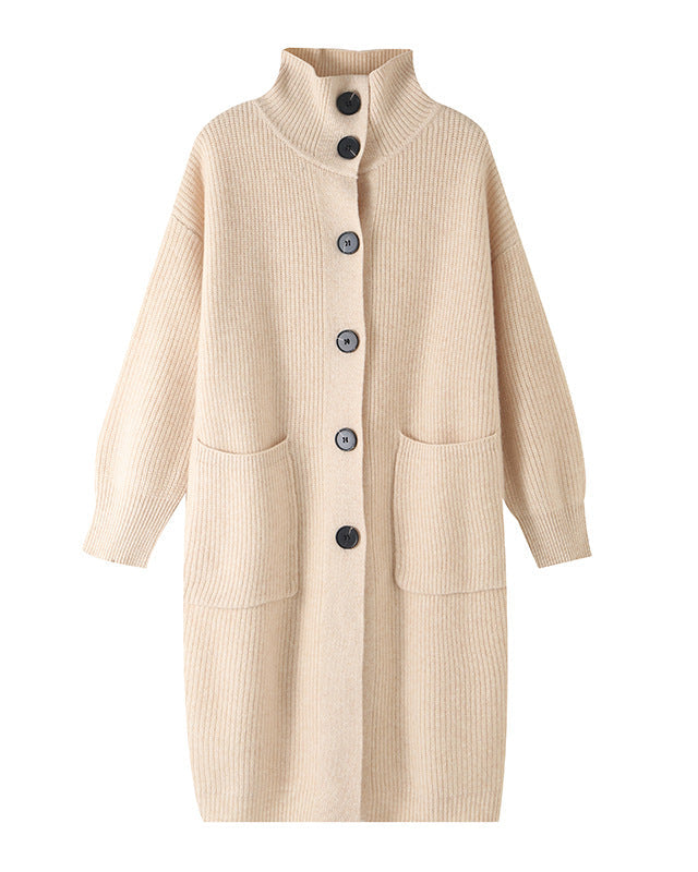 Wool High-Neck Long Cardigan With Pocket