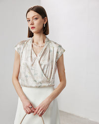 V-Neck Silk Printed Sleeveless Shirt