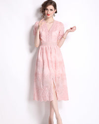 French V-Neck Single-Breasted Dress